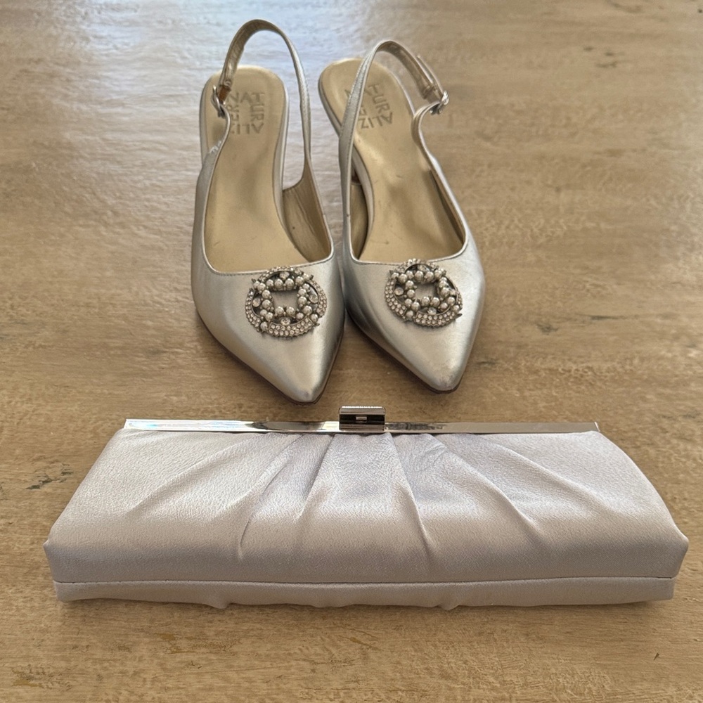 Naturalizer Silver Heels with Matching Clutch